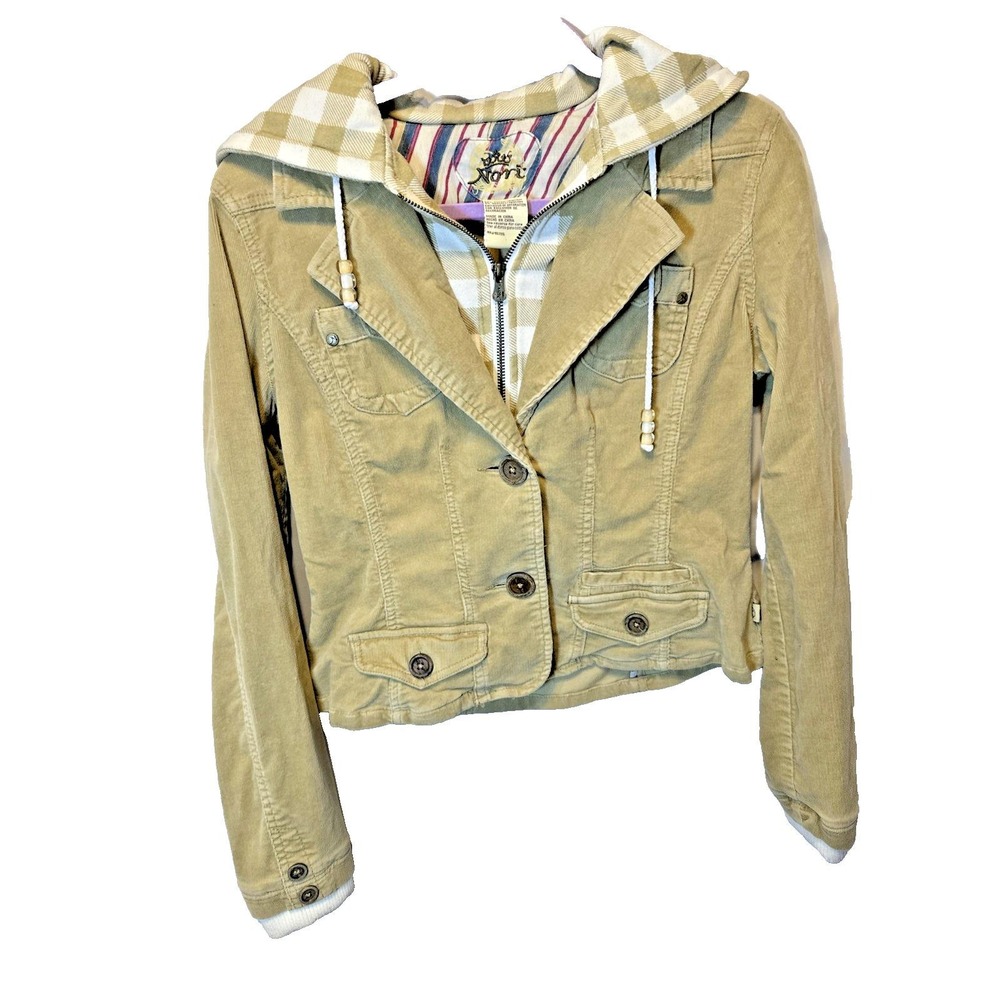 Nori Tan Corduroy Hooded Jacket 2-Button Notched Lapel Ribbed Cuffs Stretch Med